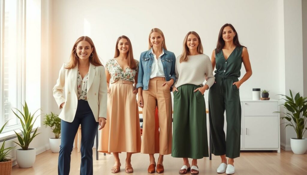 A-bright-airy-spring-office-scene-with-five-stylish-working-woman-outfits.-In-the-foreground--1024x585 Comment s'habiller pour aller travailler au printemps ?