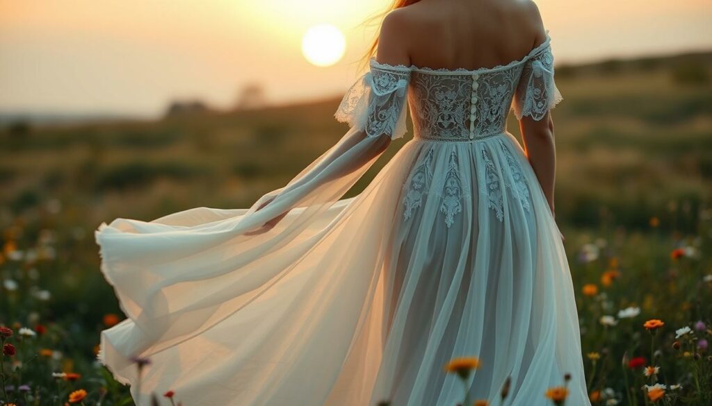 A-delicate-flowing-bohemian-wedding-gown-in-a-field-of-wild-flowers.-The-dress-features-1024x585 Mariage bohème : quelle robe porter ?