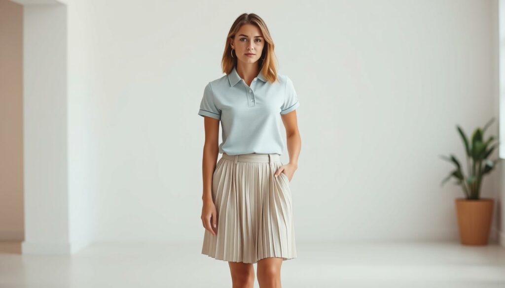 A-fashionable-woman-wearing-a-short-sleeved-polo-shirt-tucked-into-a-knee-length-pleated-skirt-1024x585 Polo manches courtes : comment le porter de façon féminine ?