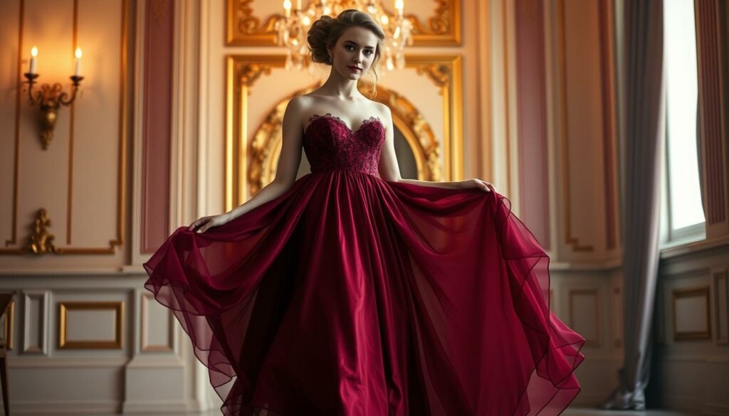 A-graceful-young-woman-in-a-flowing-elegant-evening-gown-stands-in-a-softly-lit-classical-1024x585 3 tenues tendances pour le bal de promo du lycée