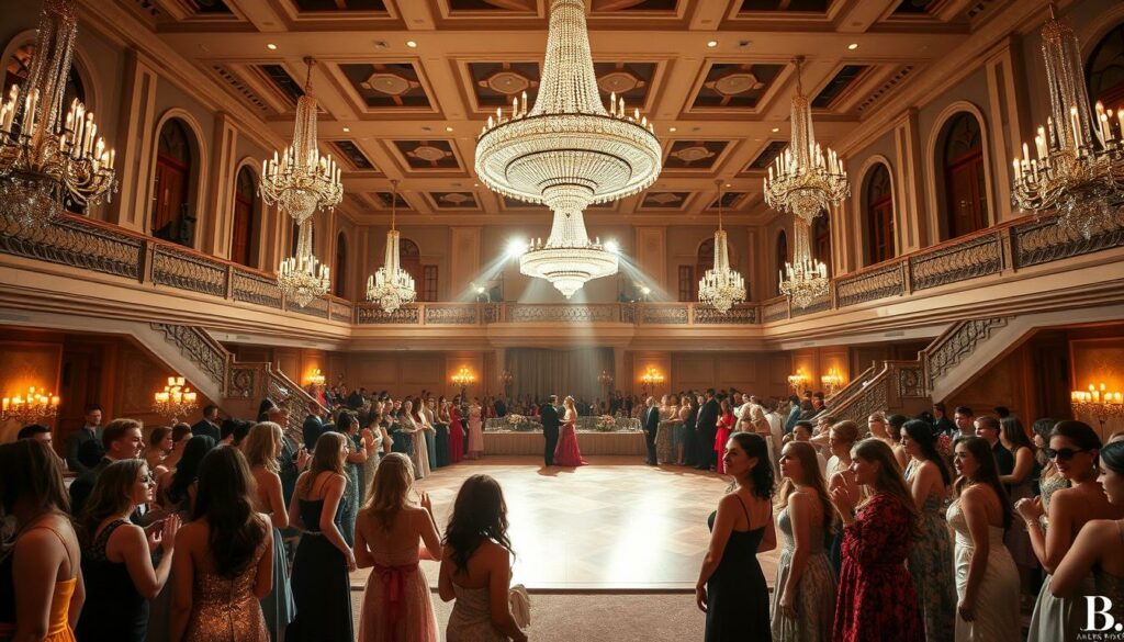A-grand-ballroom-elegantly-adorned-with-glittering-chandeliers-and-sweeping-staircases-1024x585 3 tenues tendances pour le bal de promo du lycée