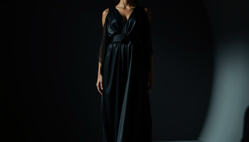 A-high-fashion-black-dress-with-a-flowing-elegant-silhouette-stands-in-a-dimly-lit-1024x585 Quelle veste porter avec une robe noire ?