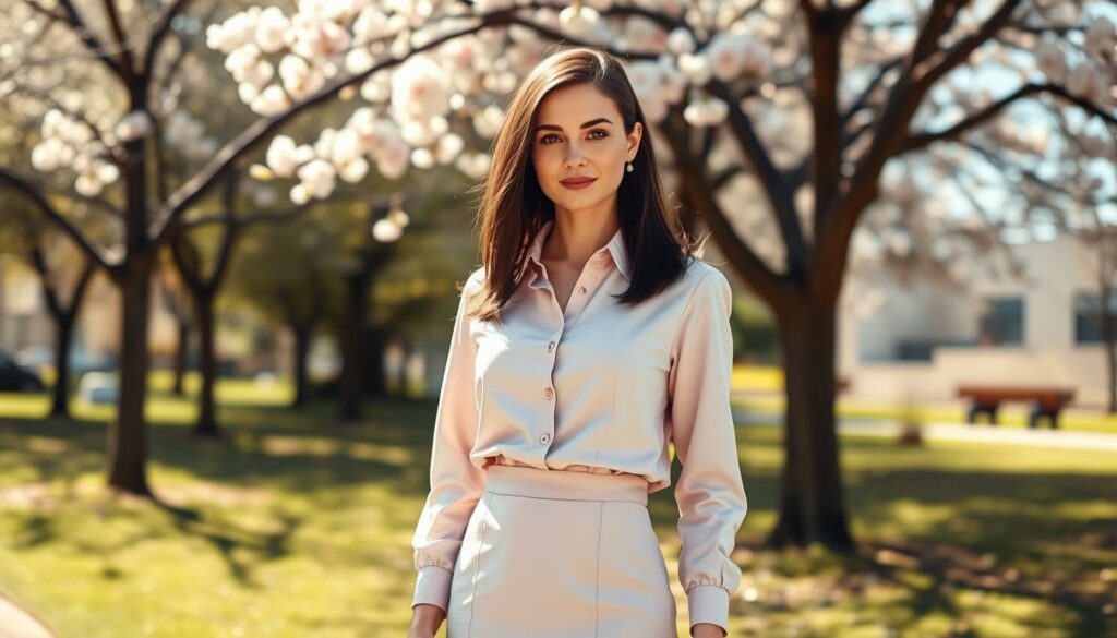 A-smart-stylish-woman-stands-in-a-sunlit-spring-setting-poised-for-a-job-interview.-She-wears-1024x585 Comment s'habiller pour un entretien au printemps ?