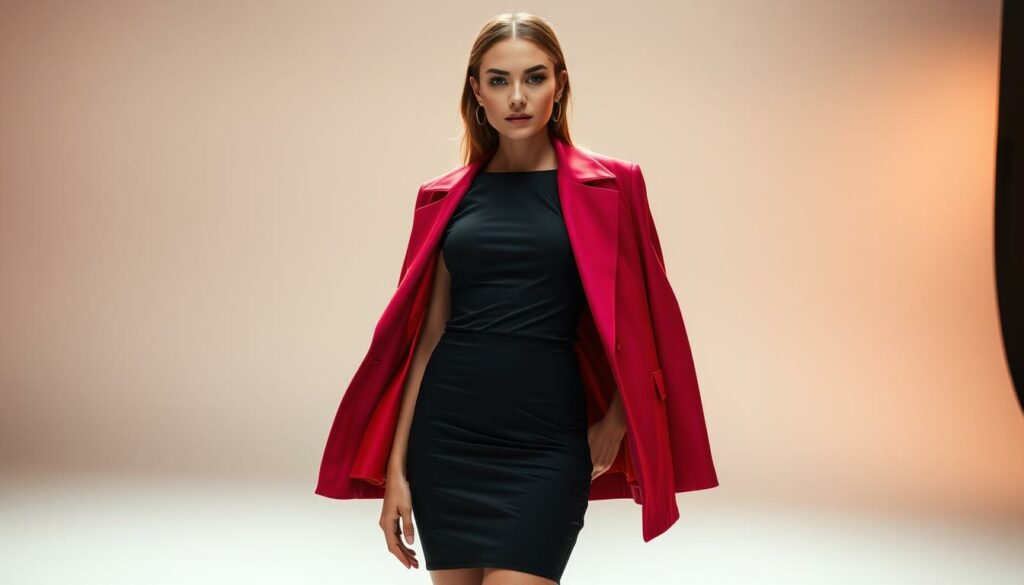 A-stylish-woman-stands-confidently-in-a-well-lit-studio-wearing-a-sleek-black-dress-that-1024x585 Quelle veste porter avec une robe noire ?