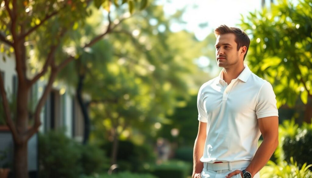 A-stylishly-casual-yet-refined-gentleman-standing-in-a-sun-dappled-garden-dressed-in-a-crisp-1024x585 Polo manches courtes : comment le porter de façon féminine ?