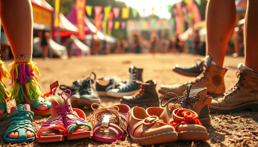 A-vibrant-array-of-festival-footwear-captured-in-a-sun-dappled-scene.-In-the-foreground-an-1024x585 Festival d'été 2025 : comment s'habiller ?