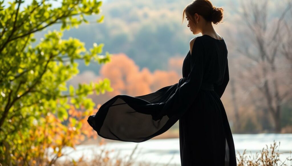 A-woman-in-a-sleek-black-robe-stands-gracefully-her-figure-silhouetted-against-a-serene-1024x585 Quelle veste porter avec une robe noire ?