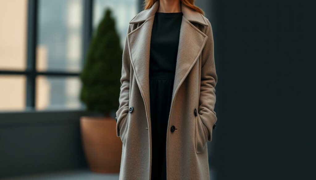 Image-dun-manteau-long-porte-avec-une-robe-noire-1024x585 Quelle veste porter avec une robe noire ?