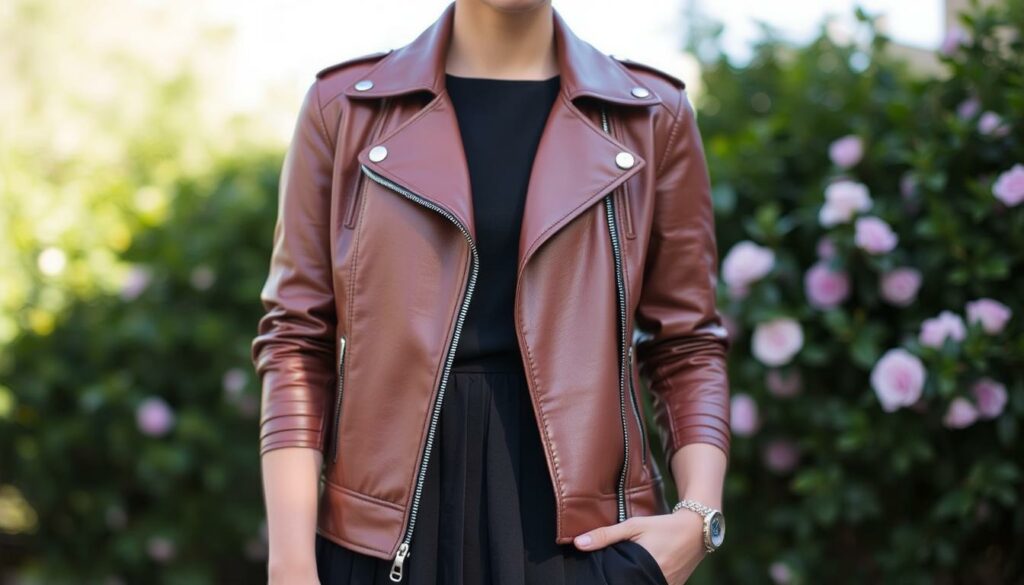 Image-dune-veste-en-cuir-portee-avec-une-robe-noire-1024x585 Quelle veste porter avec une robe noire ?