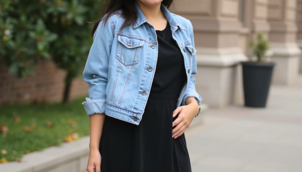 Image-dune-veste-en-jean-portee-avec-une-robe-noire-1024x585 Quelle veste porter avec une robe noire ?