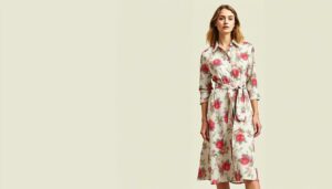 Robe chemise fleurie midi avec ceinture et motifs printaniers
