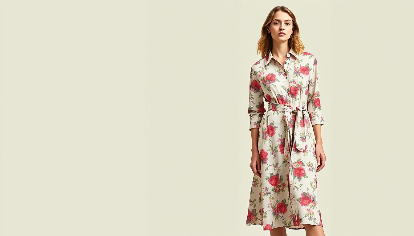 Robe chemise fleurie midi avec ceinture et motifs printaniers