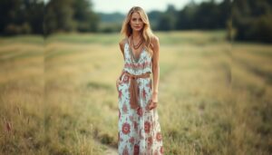 Robe longue fleurie hippie bohème été avec accessoires