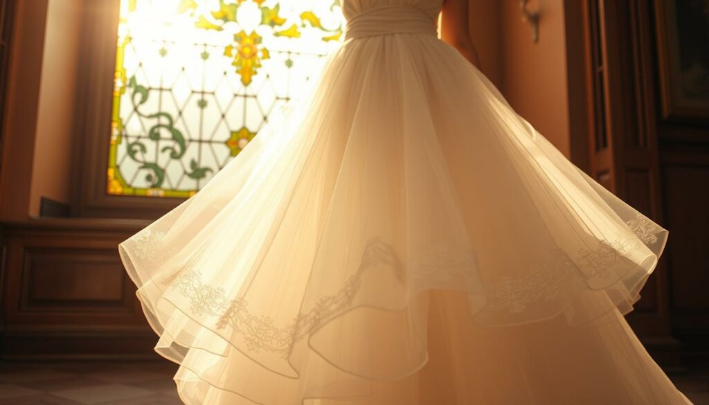 A-beautifully-draped-tulle-skirt-in-a-soft-ethereal-white-cascades-gracefully-its-delicate-1024x585 Tenue à base de jupe pour un mariage