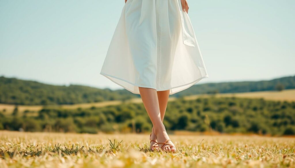A-bright-airy-scene-with-a-fashionable-woman-standing-in-a-sunny-open-field.-She-wears-a-1024x585 Quelles chaussures porter avec une jupe blanche ?