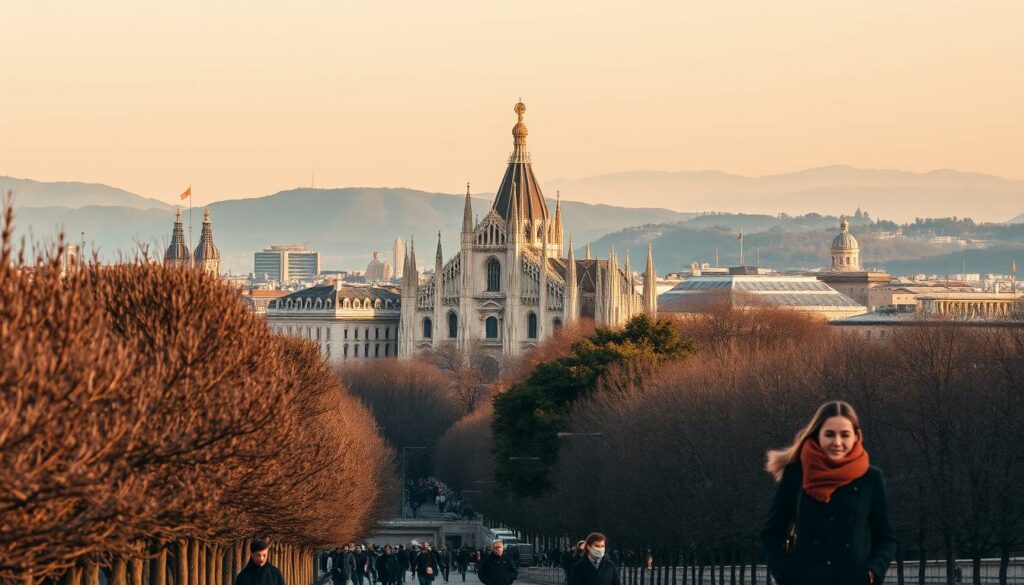 A-bustling-city-skyline-under-a-soft-golden-hour-glow.-In-the-foreground-a-tree-lined-1024x585 Week-end à Milan : comment s'habiller ?