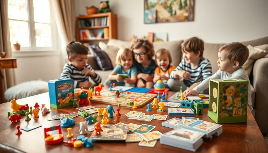 A-cozy-and-inviting-scene-of-a-family-game-night-featuring-several-board-games-and-toys-1024x585 NOS IDÉES DE CADEAUX POUR LES PETITS DE 2 À 4 ANS !
