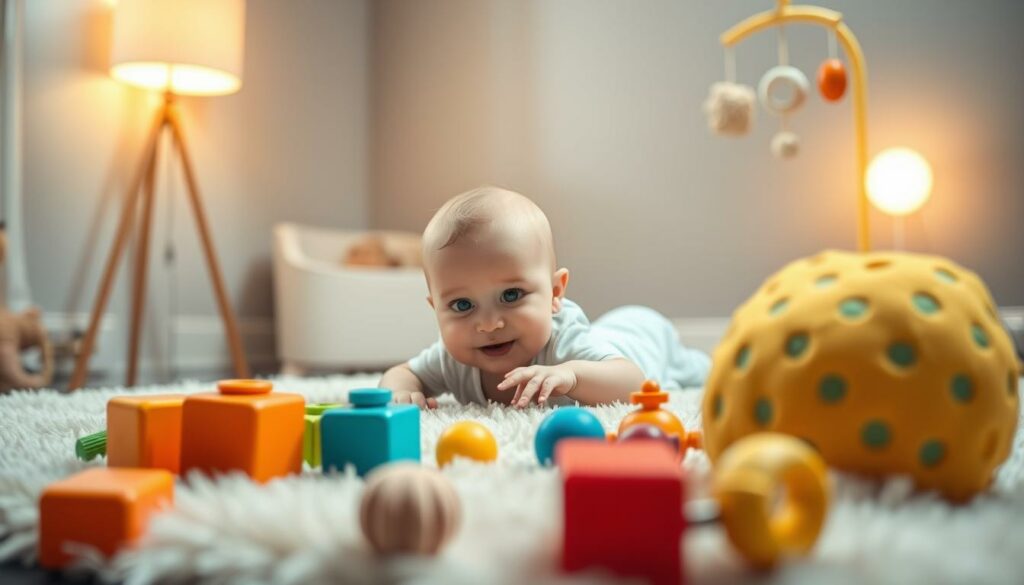 A-cozy-nursery-setting-with-a-curious-baby-lying-on-a-soft-plush-rug-surrounded-by-a-variety--1024x585 NOS IDÉES CADEAUX POUR BÉBÉS DE 0 À 1 AN !