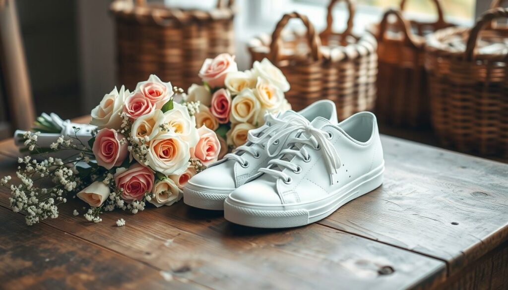 A-cozy-scene-of-a-pair-of-stylish-white-sneakers-resting-on-a-rustic-wooden-table-surrounded-1024x585 Quelle baskets porter avec une robe de mariée ?