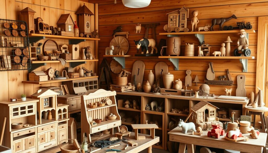 A-cozy-well-lit-wooden-workshop-setting-with-an-assortment-of-handcrafted-wooden-toys-1024x585 NOS IDÉES DE CADEAUX POUR LES PETITS DE 2 À 4 ANS !