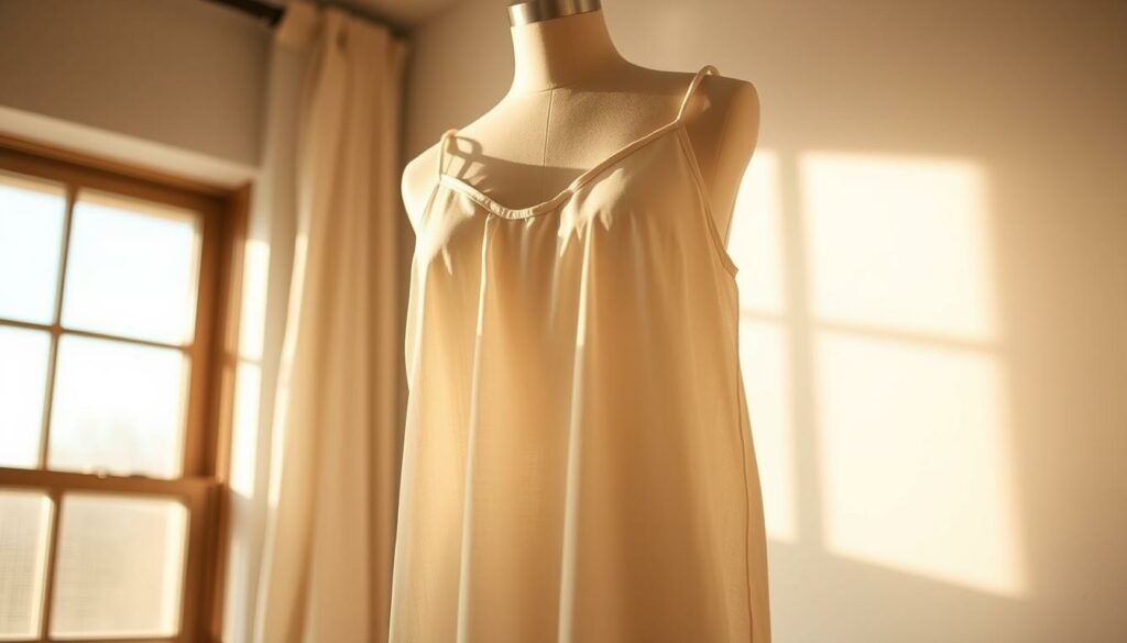 A-delicate-flowing-linen-chemise-in-a-soft-natural-hue-hangs-gracefully-on-a-slender-1024x585 Comment s'habiller avec les incontournables de l’été 2025