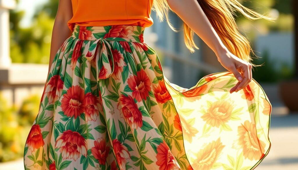 A-flowing-high-waisted-jupe-in-a-vibrant-summery-print-catching-the-warm-glow-of-the-1024x585 Comment s'habiller avec les incontournables de l’été 2025