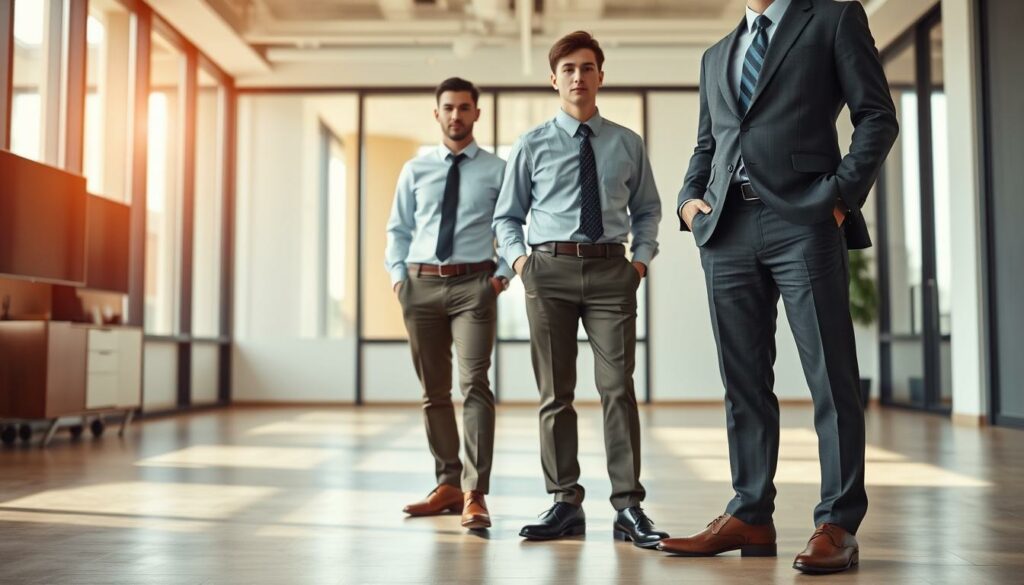 A-formal-office-environment-with-two-contrasting-dress-code-styles.-In-the-foreground-a-1024x585 Travail au bureau : les vêtements/chaussures indispensables
