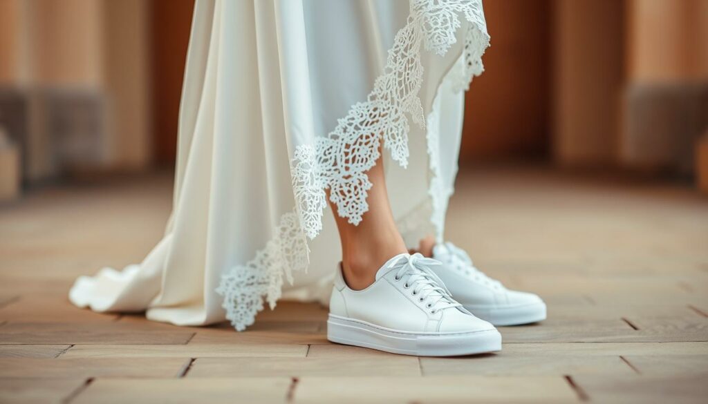 A-modern-elegant-bride-stands-gracefully-her-flowing-white-gown-complemented-by-a-pair-of-1024x585 Quelle baskets porter avec une robe de mariée ?