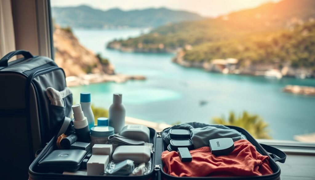 A-neatly-packed-suitcase-against-a-backdrop-of-warm-Mediterranean-scenery.-In-the-foreground-a-1024x585 Vacances en Méditerranée : comment s'habiller ?