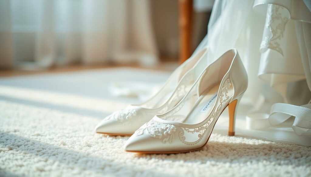 A-pair-of-exquisite-ivory-satin-wedding-shoes-delicately-resting-on-a-soft-light-colored-rug-1024x585 Quelle baskets porter avec une robe de mariée ?