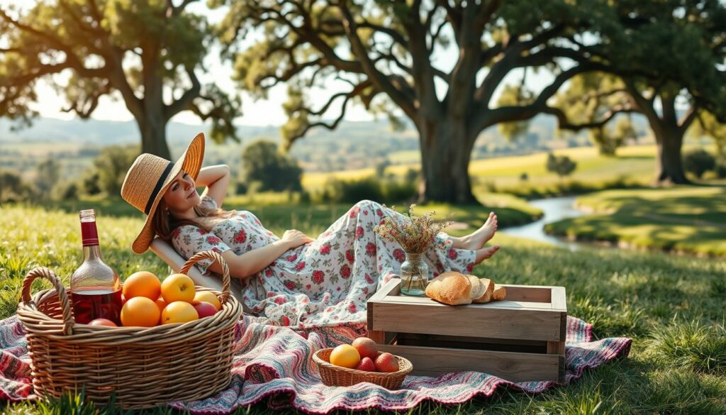 A-picturesque-summer-picnic-scene-captured-in-a-warm-bohemian-chic-style.-In-the-foreground--1024x585 Comment s’habiller pour un pique-nique chic en été, look bohème, confort & style