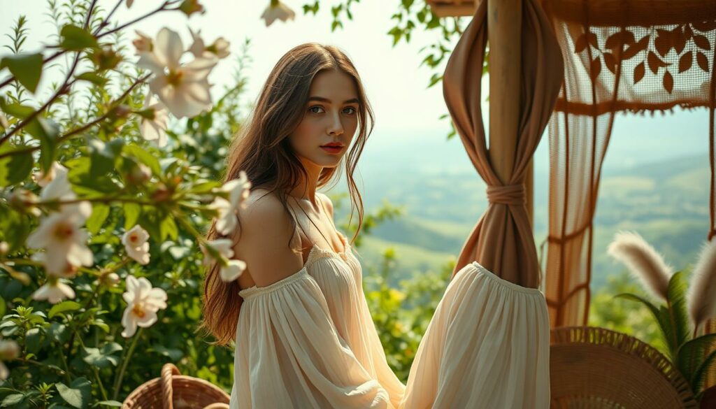 A-serene-vintage-inspired-scene-featuring-a-young-woman-in-a-flowing-bohemian-style-dress-1024x585 Style vintage bohème : tenues dans l'air du temps