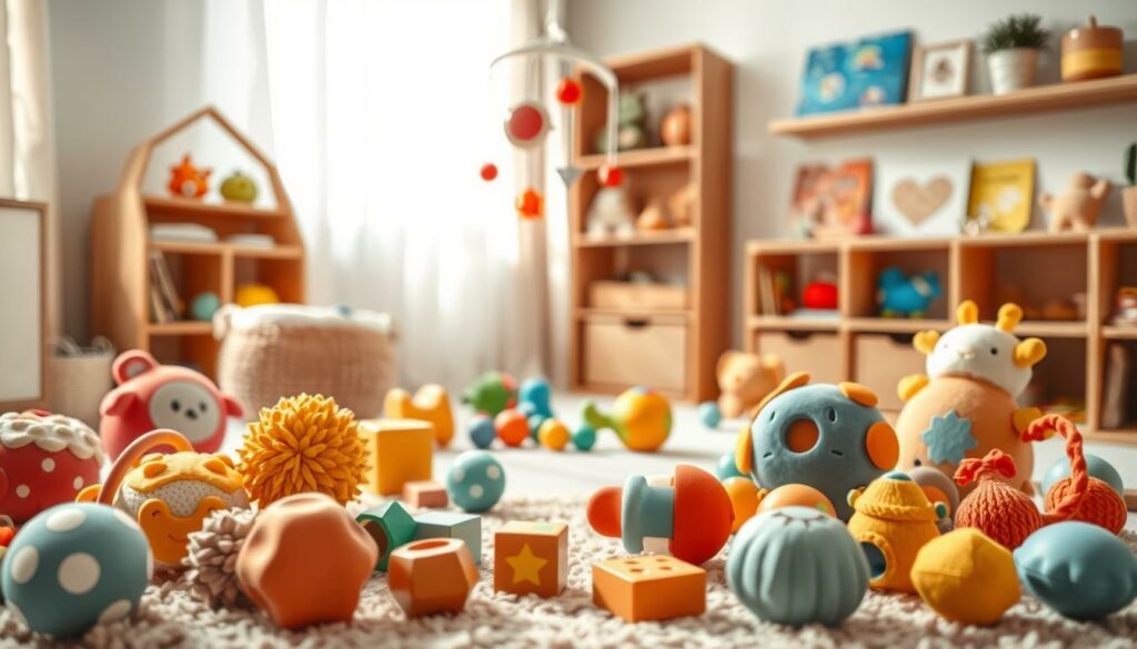 A-serene-well-lit-nursery-setting-showcasing-an-assortment-of-innovative-tactile-baby-toys-1024x585 NOS IDÉES CADEAUX POUR BÉBÉS DE 0 À 1 AN !