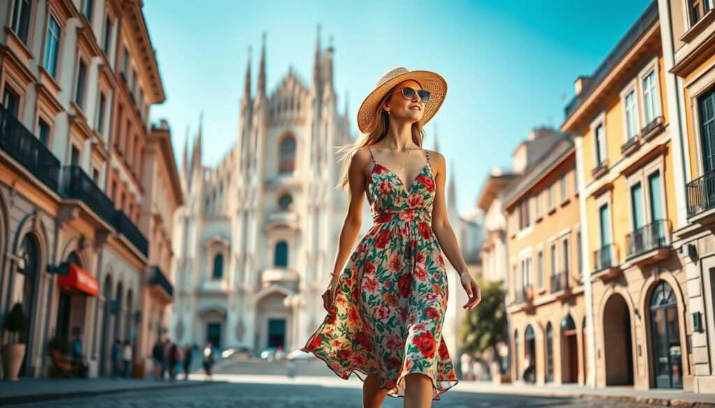 A-stylish-woman-strolling-through-the-charming-streets-of-Milan-on-a-sunny-summer-day.-In-the-1024x585 Week-end à Milan : comment s'habiller ?