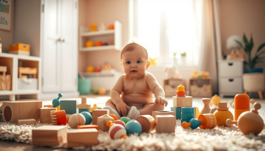 A-sunny-warm-toned-nursery-setting-with-a-soft-focus-dreamy-atmosphere.-In-the-foreground-an-1024x585 NOS IDÉES CADEAUX POUR BÉBÉS DE 0 À 1 AN !