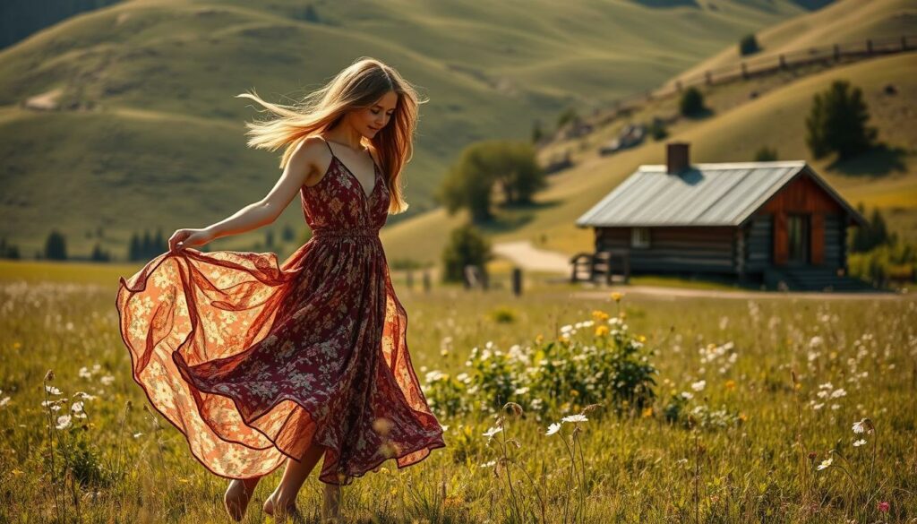 A-vibrant-bohemian-inspired-scene-set-in-a-sun-dappled-meadow.-In-the-foreground-a-young-1024x585 Style vintage bohème : tenues dans l'air du temps