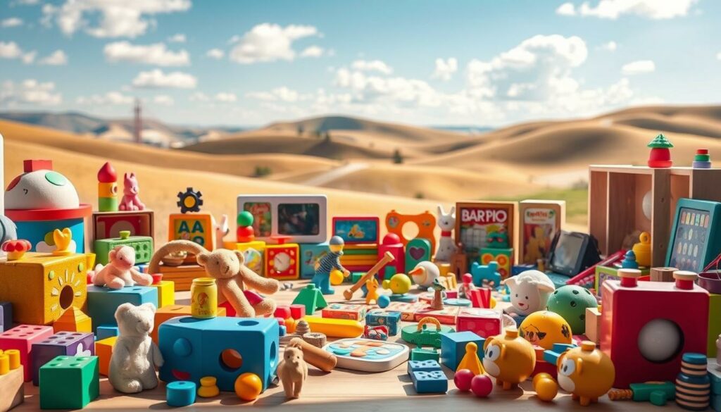 A-whimsical-array-of-vibrant-imaginative-toys-adorns-a-sun-dappled-scene.-In-the-foreground-a-1024x585 LES POUVOIRS MAGIQUES DES JEUX SYMBOLIQUES !