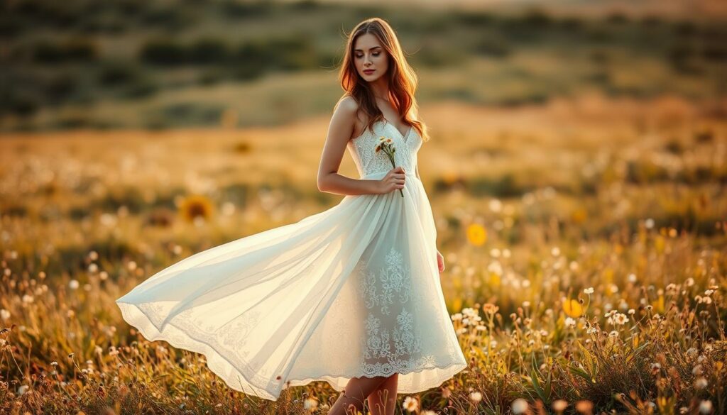 A-woman-standing-in-a-field-of-wildflowers-wearing-a-graceful-white-midi-skirt-that-flows-1024x585 Comment porter la jupe blanche à un mariage ?