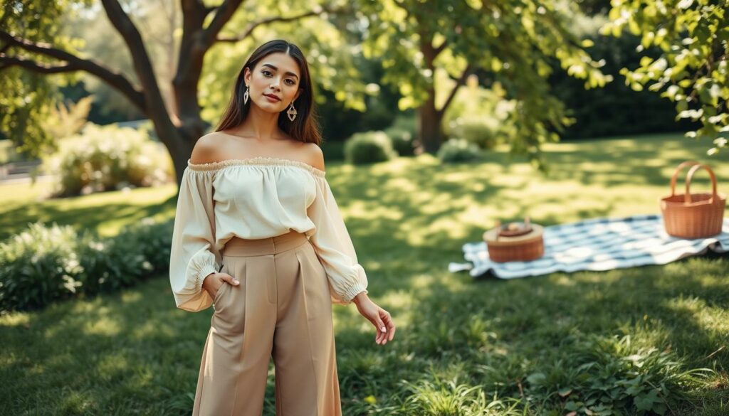 Elegant-summer-picnic-attire-featuring-a-chic-two-piece-ensemble.-In-the-foreground-a-model-1024x585 Comment s’habiller pour un pique-nique chic en été, look bohème, confort & style
