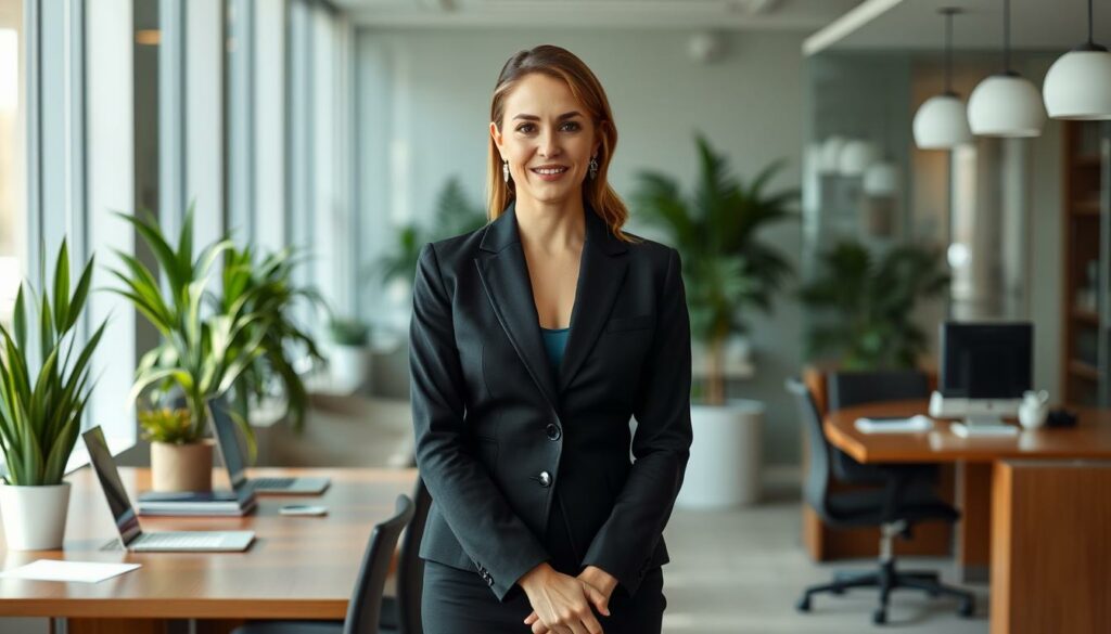 Image-dune-femme-en-tenue-professionnelle-elegante-au-bureau-1024x585 Travail au bureau : les vêtements/chaussures indispensables