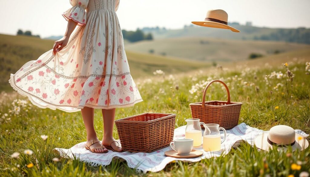 Picnic-perfect-ensemble-in-a-sun-dappled-meadow-a-flowing-floral-midi-dress-with-puff-sleeves-1024x585 Comment s’habiller pour un pique-nique chic en été, look bohème, confort & style